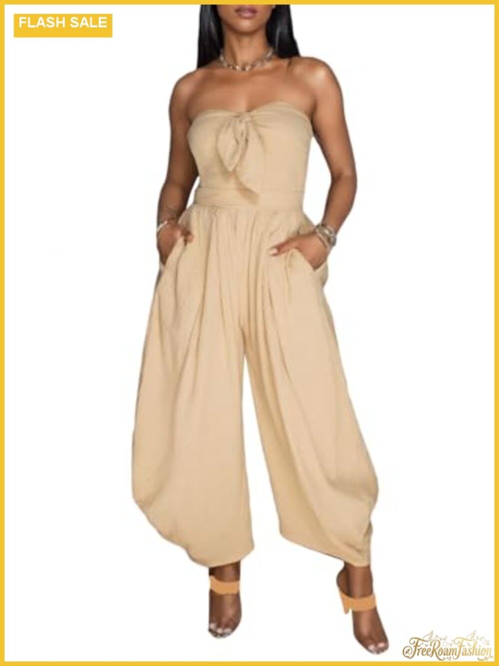 Strapless Harem Jumpsuit, Wide Leg Romper, Smocked Waist, Side Pockets
